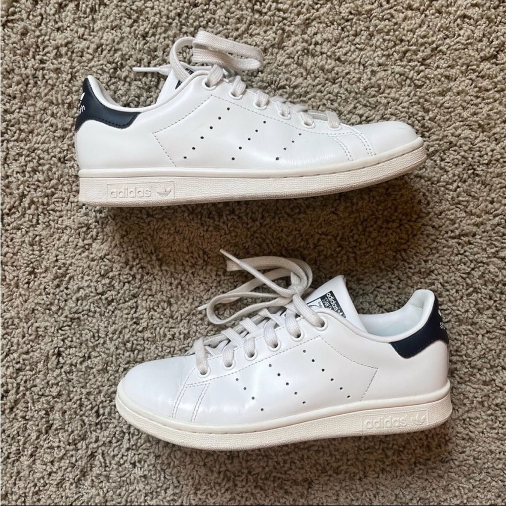 White and Navy Adidas Stan Smith Sneakers